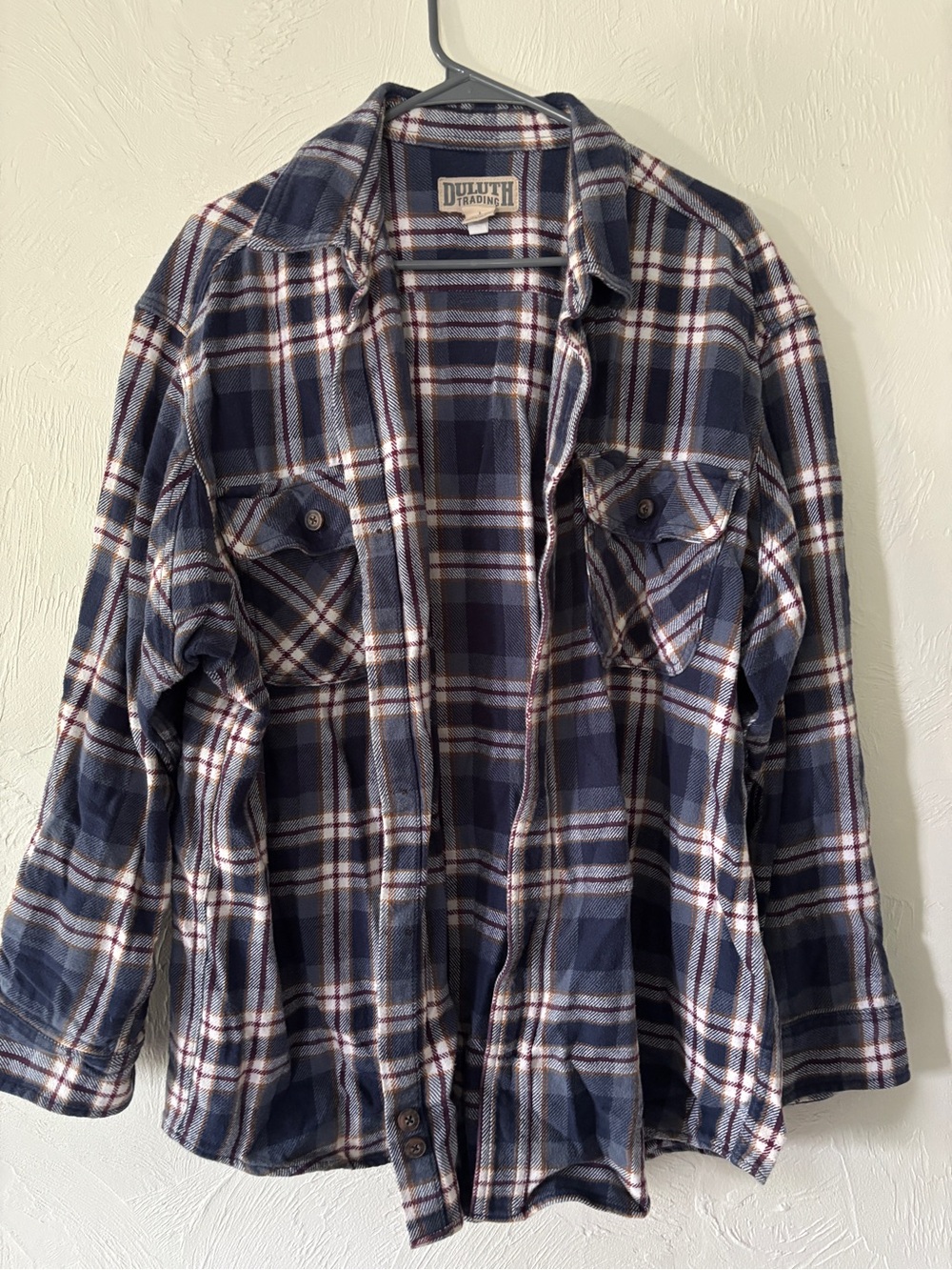 Duluth Trading Co blue, white, burgundy, mustard Plaid Flannel Shirt